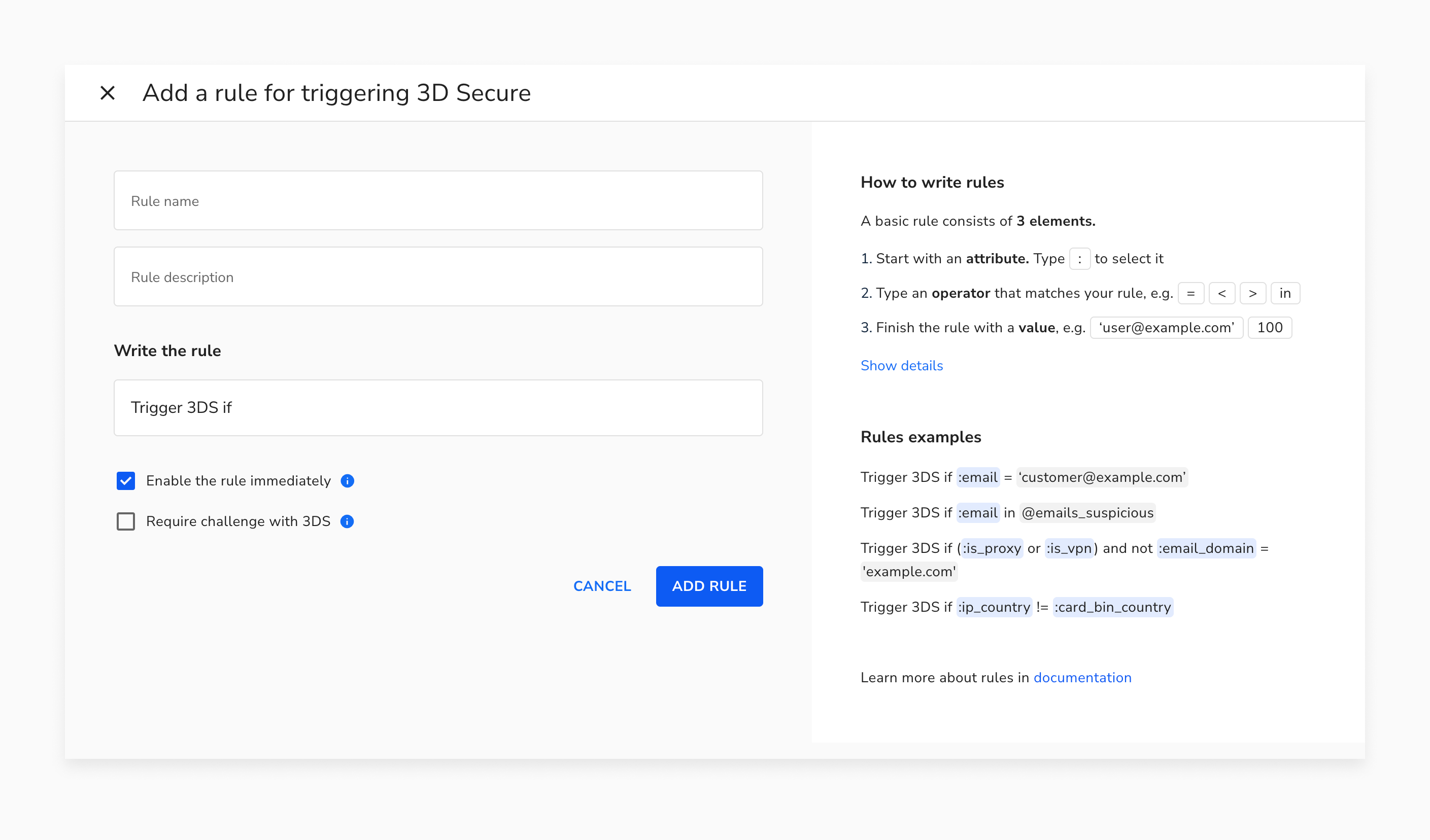 The "Add a rule for triggering 3D Secure" modal, with rule name, description and a "Trigger 3DS if" rule editor on the left and a How to write rules guide with examples on the right