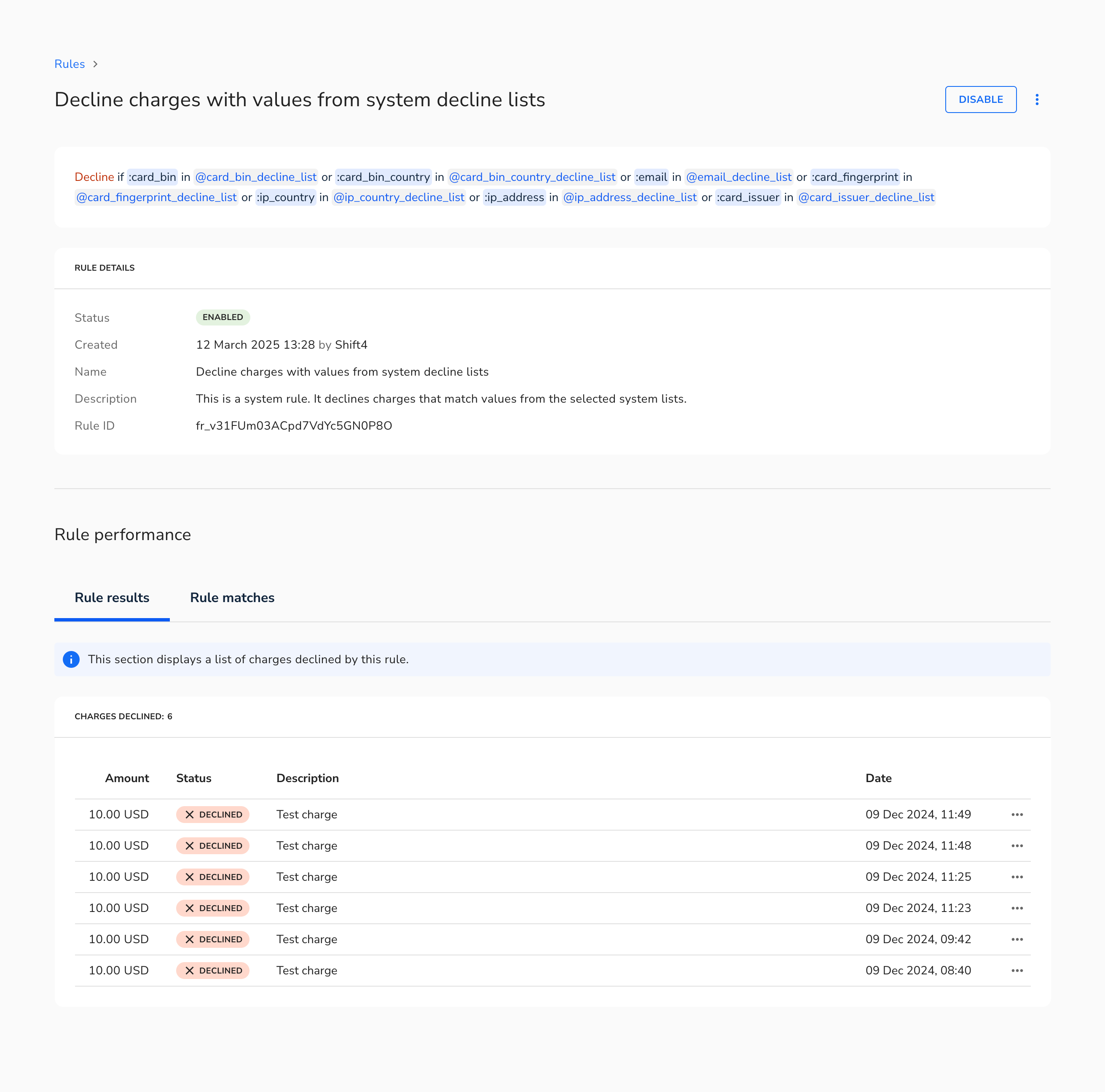 The detail page for the enabled system rule "Decline charges with values from system decline lists", showing its rule expression, rule details, and a Rule results tab listing six declined test charges